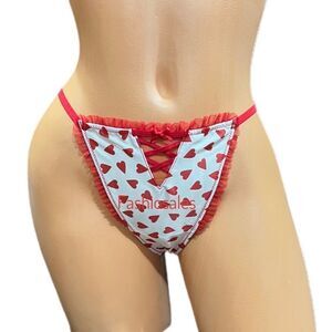 Victorias Secret Dream Angels Soft Satin Ruffle Trim V String  Panty Red Hearts